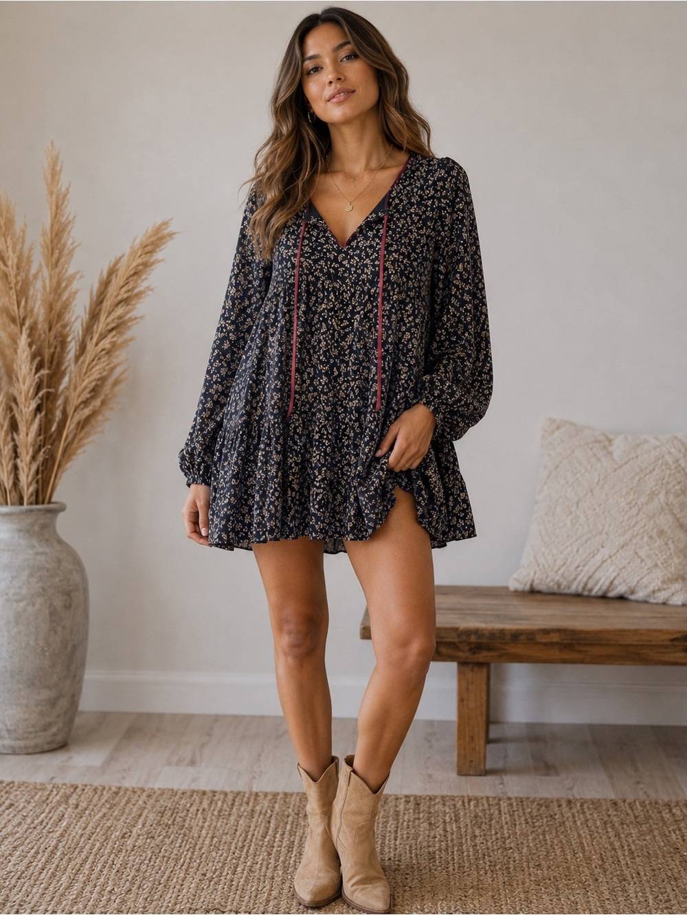 Hem & Thread Longsleeve Tunic Dress Boho Renaissance Blue Gold Floral M